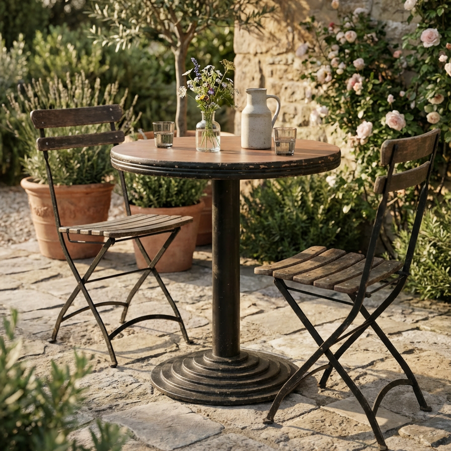 Table de bistrot parisien plateau en bois dans un jardin