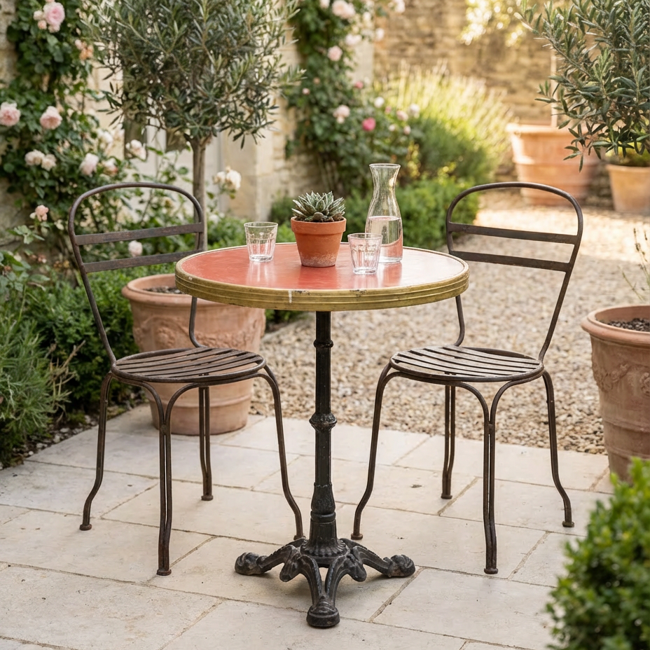 table de bistrot parisien pied en fonte dans un jardin parisien