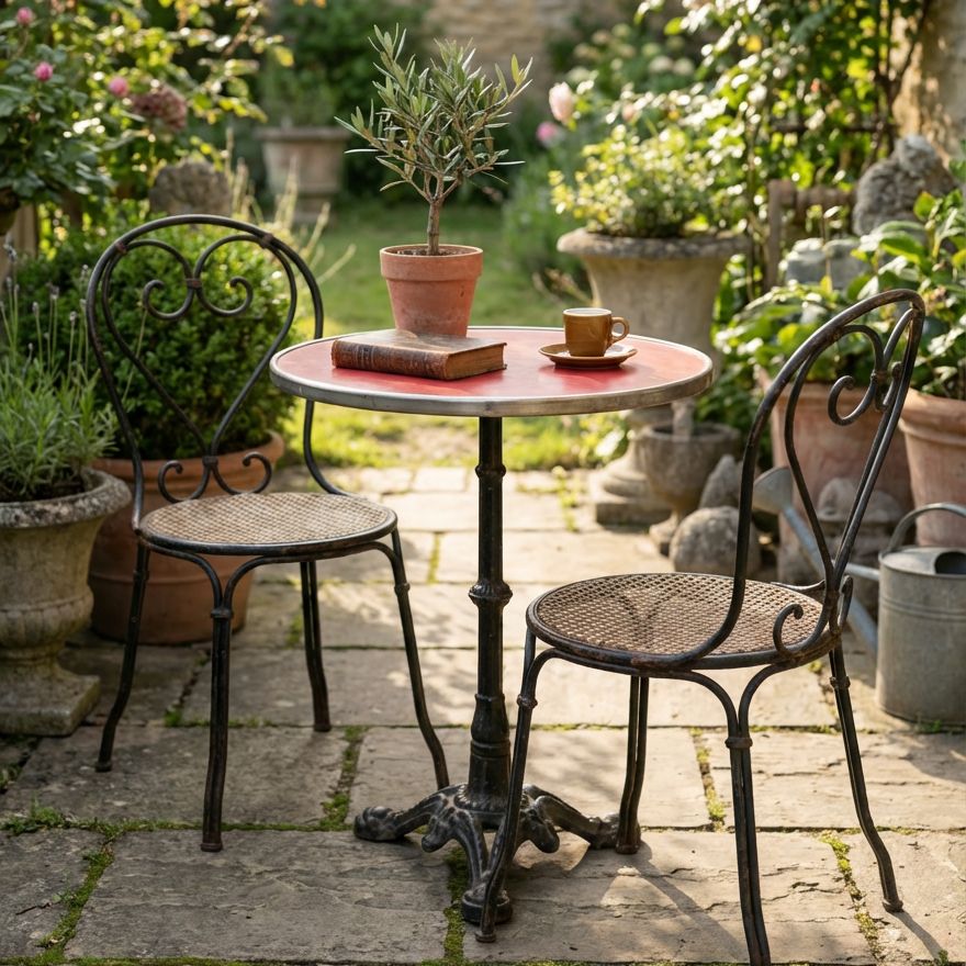 table de bistrot parisien pied fonte dans un jardin